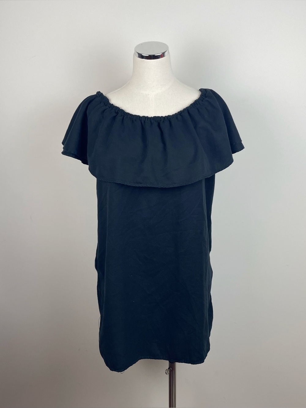 Zara Solid Black Ruffle Smock Dress Off The Shoulder Women Medium Boho